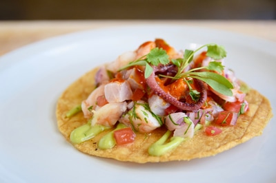 Tostada topped with ceviche of octopus, shrimp and fish