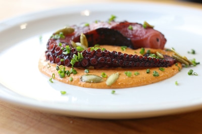 Grilled octopus tentacle with almond pipian sauce.