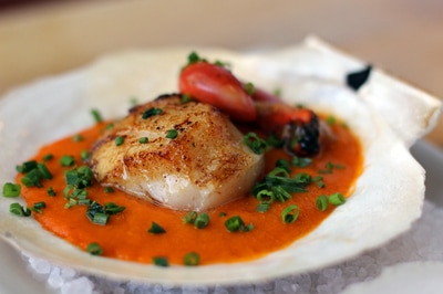 Seared scallop on the half shell with a red sauce and chives.